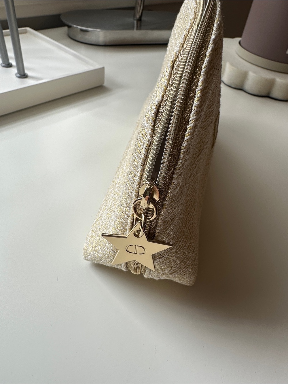 Dior Beige Gold-Thread Embroidered Pouch - Picture 2 of 5